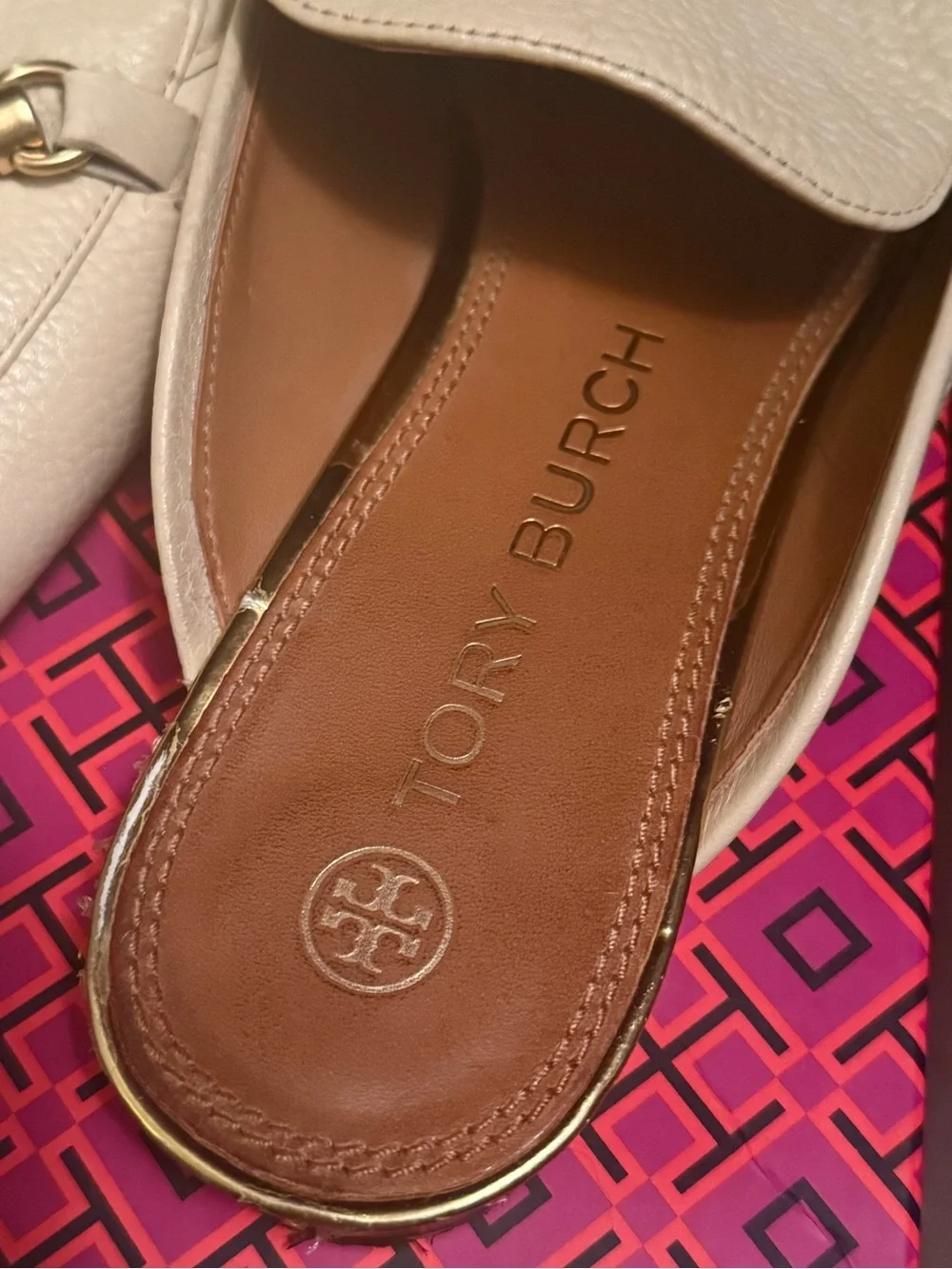 Tory Burch Cream Leather Chain-Trim Mules